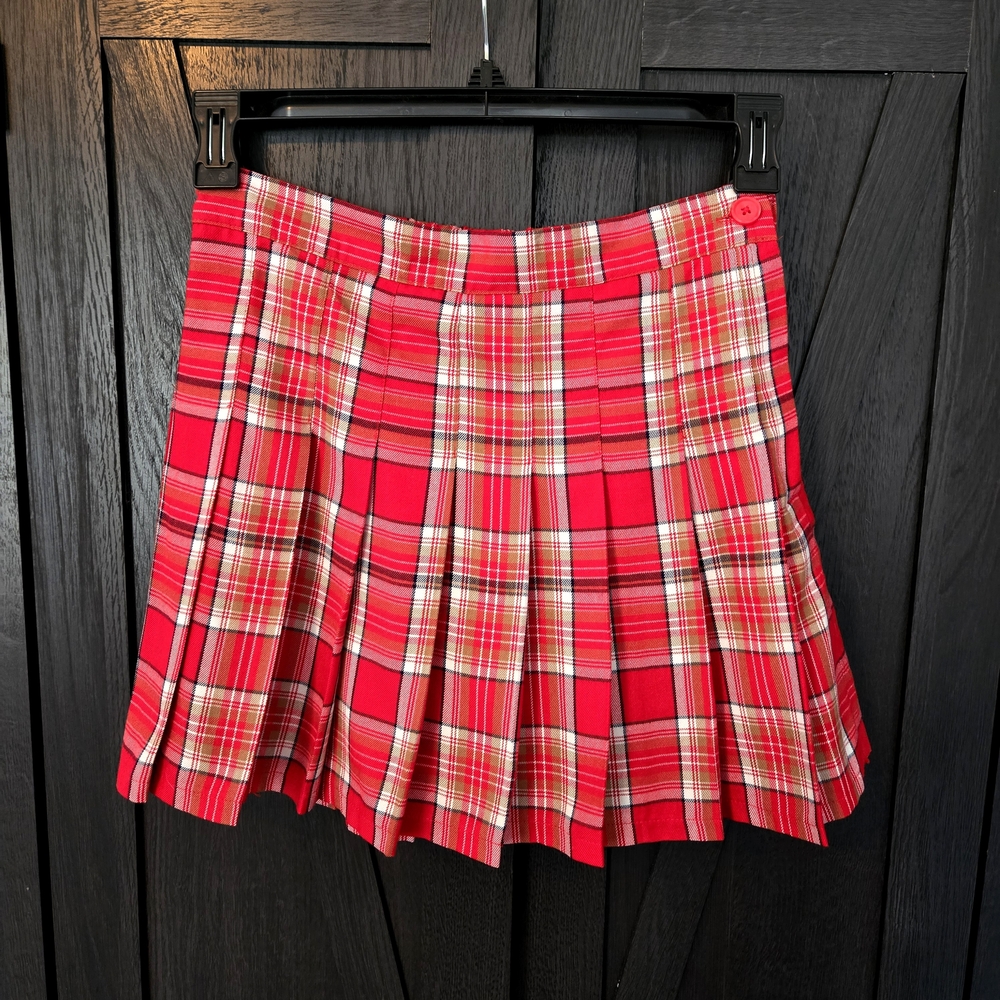 Red Plaid Pleated Skirt Academia Preppy Med